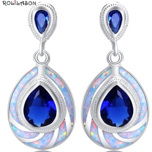 ROLILASON Trendy Water drop design blue crystal White Fire Opal Silver stamped Drop Earrings for women JES1143