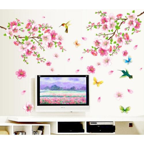 3D Pink Removable Peach Plum Cherry Blossom Flower Butterfly Vinyl Art Decal Wall Home Sticker Room Decor