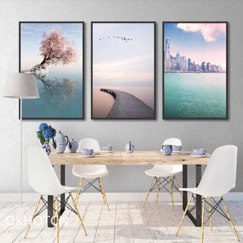 Nordic Modern Style Blue Sea Canvas Painting City Abstract Buildings Posters And Prints Wall Pictures For Living Room Decoration