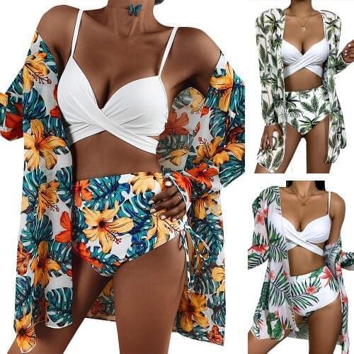 Sexy WomenS 3-Piece Swimsuit Staggered Bikini High Waist Bikini Bottoms Bohemian Printed Swimsuit Top Summer Beach