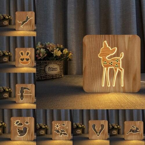 Acecorner LED USB Night Light Wooden Rabbit Bird Sika Deer Animal Lamp Novelty Kid Bedroom 3D Decoration Table Lights Child Gift