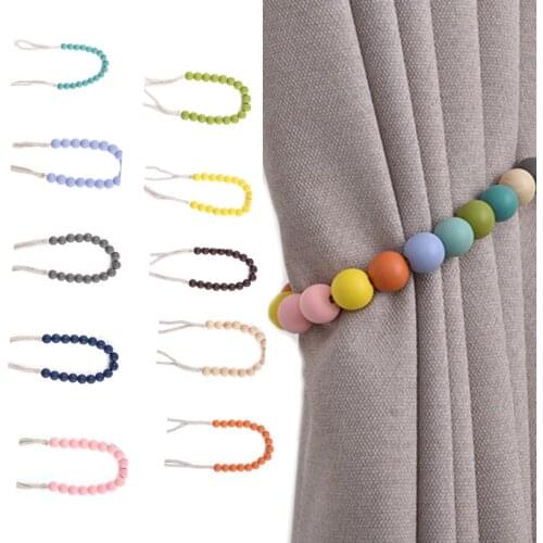 Punch Free Wooden Ball Beads Curtain Straps Tieback Rope Buckle Holder Decor