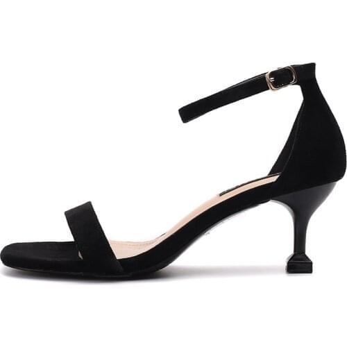 Women sandals Flock Buckle Strap 5CM 7CM Thin Heels High heels Square Toe Shallow women shoes sandalias mujer 2020 size 35-42