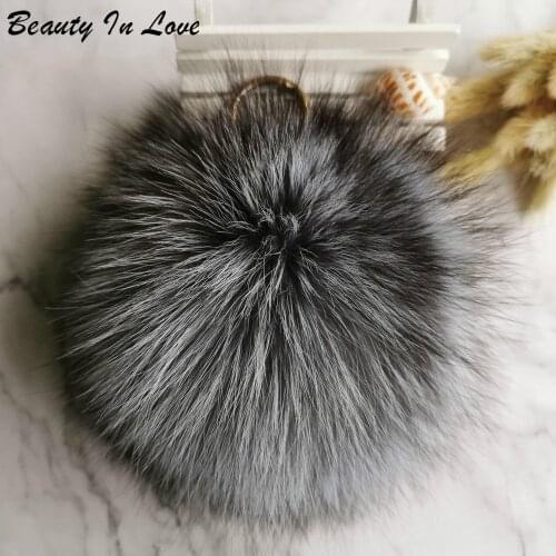 15CM Luxury Fluffy Real Natural Fox Fur Ball Pom Poms Fur Pompom Keychain Car Key Chain Metal Ring Pendant For Women F323