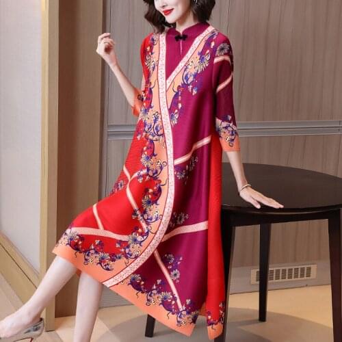 Plus Size Dresses Chinese Style Women 2021 Autumn New Printed Three Quarter Sleeve Loose A-Line Dress For Women 45-75kg
