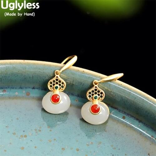 Uglyless Natural Hotan White Jade Gourd Earrings for Women China Chic Ethnic Agate Brincos Gold Hollow Earrings 925 Silver Jewel