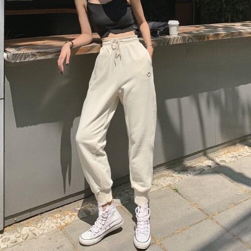 Korean Style Loose joggers women Sweatpants Vintage Grey woman Smiley Print Casual pants High Waist 2020 Autumn Harun Trousers