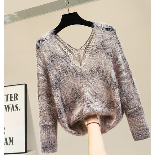 2020 Spring Autumn Womens Cutout Mohair Sweater Long Sleeve Loose Pullover Knitted Sweater Shirt Women Tops Casual Jumper