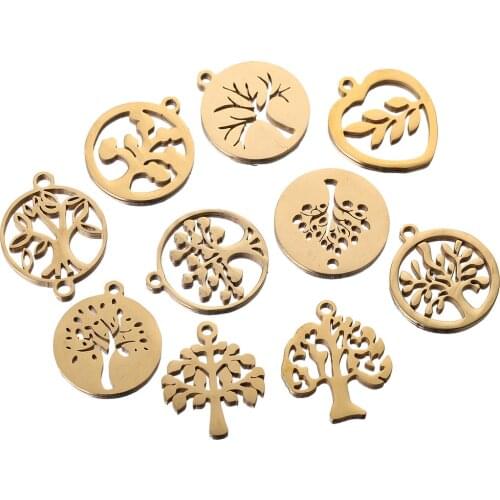 10pcs Gold Mixed Stainless Steel Life Tree Charms Pendant DIY Necklace Bracelet Jewelry Making Handmade Crafts Accessories