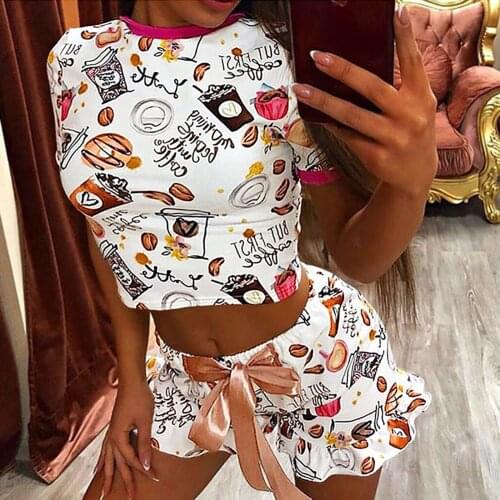40# Women Print Ruffle Womens Sets Short Sleeve Shorts Lingerie Nightwear Sleepwear Sets Drawstring Round Neck Crop Top Suit