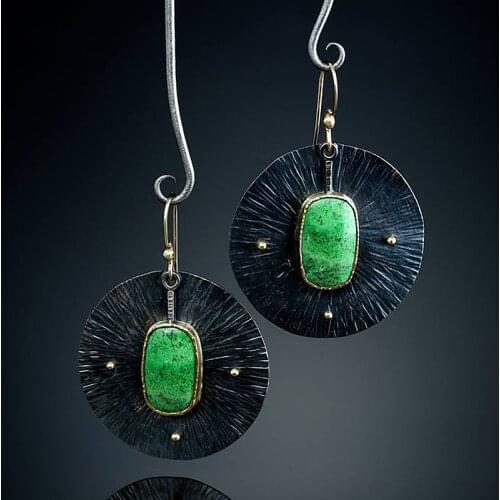 Large Antique Round Earring Vintage Fashion Retro Green Resin Ethnic Brincos Antique Bronze Bohemian Drop Earrings