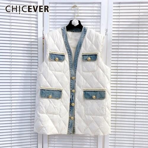 CHICEVER Patchwork Denim Cotton Vests For Women V Neck Sleeveless Casual Oversized Thick Loose Coat Female 2020 Fashion Clothes