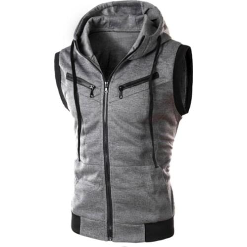 Color Block Summer Sports Men Zipper Sleeveless Fitness Hoodies Hooded Vest new