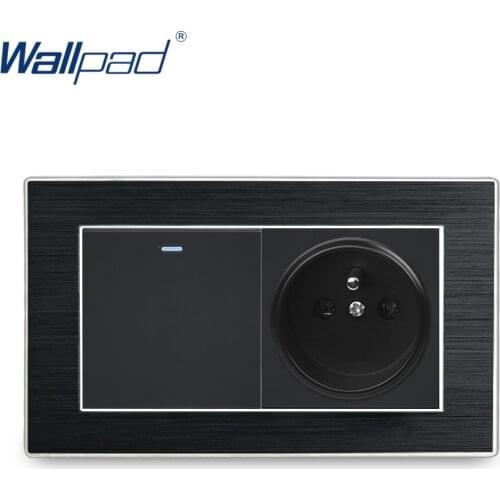 French Socket With 1 Gang 2 Way Switch Wallpad Aluminium Satin Metal Panel 146*86mm 1 Gang Light Switch with 16A French Socket