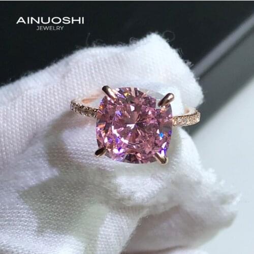 AINUOSHI 925 Sterling Silver Cushion Cut 10x10mm Lad Created Pink Sapphire Engagement Rings Gifts For Wedding Jewelry Rings