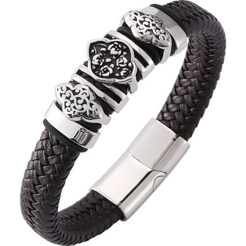 Brown Braided Leather Bracelet Vintage Jewelry Men Stainless Steel Magnetic Clasp Party Bracelets Bangles Gift PD0128