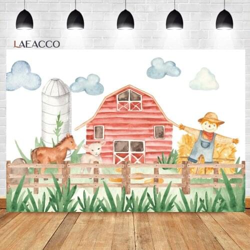 Laeacco Baby Shower Watercolor Painting Background Cartoon Farm Scarecrow Animal Baby Portrait Customized Photography Backdrops