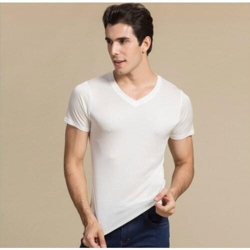 Summer new silk short-sleeved mens T-shirt mulberry silk large size stripe loose middle-aged mens casual half-sleeved T-shirt