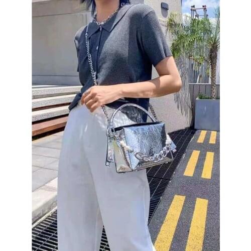 Metallic genuine leather totes bags real leather chain crossbody bags Silver cow leather shoulder bags