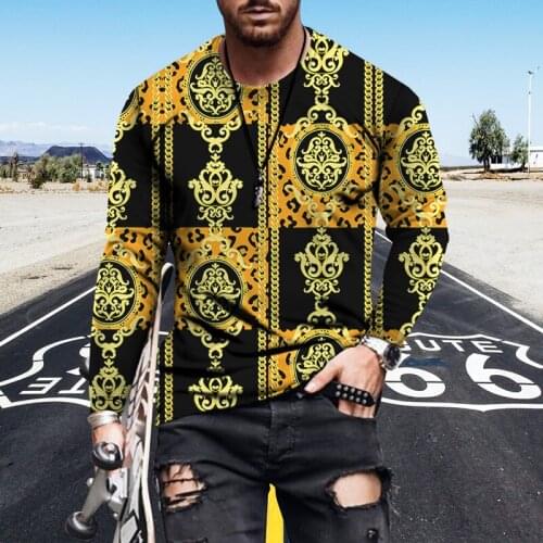 Spring And Autumn New Long-Sleeve T-Shirt Mens Retro Fashion Harajuku Folk Wind Print O Collar Pattern Punk Street Mens T-Shir