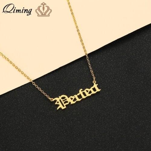 QIMING Gold Perfect Letter Women Necklace Handmade Fashion Jewelry Old English Font Initial Words Necklaces Bijoux Femme