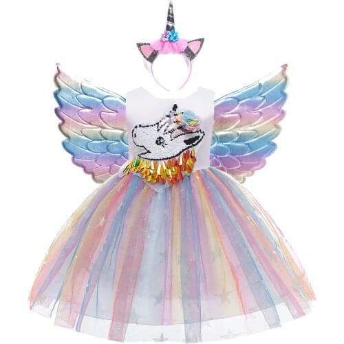 Baby Girls Dress Pastel Rainbow Princess for Summer Birthday Party Dress Unicorn Cosplay Perform Children Costume