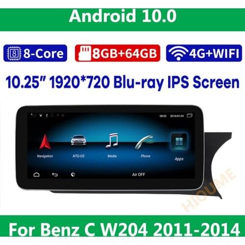 10.25" 8Core CPU 8G RAM Android 10 Radio Multimedia Player GPS Navigation for Mercedes Benz C-Class W204 2011-2014 RHD Cars