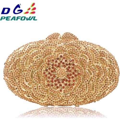 Luxury Gold Crystal Flower Women Evening Bag Peacock Diamond Party Purse Women Chain Handbags Wedding Bag Day Clutches