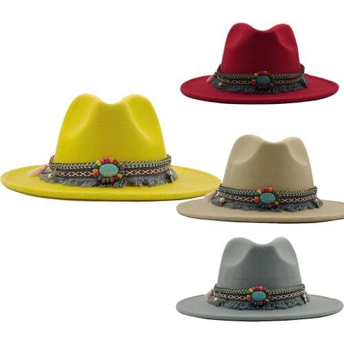 Ethnic Vintage Wide Brim Simple Church Derby Top Hat Panama Solid Felt Fedoras Hat for Men Women artificial wool Blend Jazz Cap