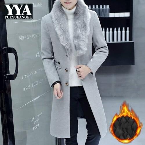 Winter Warm Cotton Liner Mens Medium Length Woolen Trench Coats Faux Fur Collar Single Breasted Slim Male Overcoats Plus Size