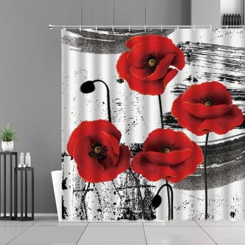 Red Poppy Flower Shower Curtain Spring Floral Plant Black And White Art Design Home Bathroom Decor Screen Waterproof Curtains