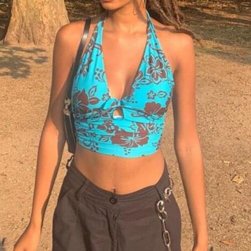 2021 Fashion Trend Floral Print Halter Tank Top Women Sexy Sleeveless Hollow Out Backless Crop Top Summer Casual Camisole Tops