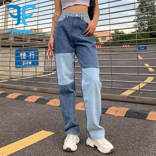 FAVRE Women Jeans Vintage Straight Slim Jeans y2k Pants Autumn Stitching Color Contrast Womens Casual Trousers