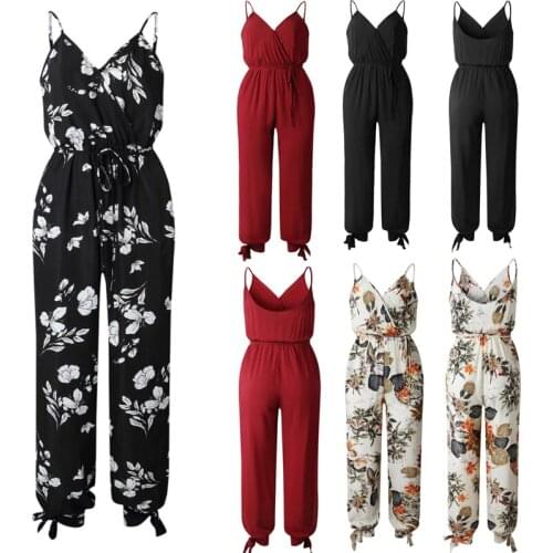Hot Casual Women Sleeveless Loose Baggy Trousers Overalls Pants Solid Romper Jumpsuit Backless V-neck Womens Floral Clubwear