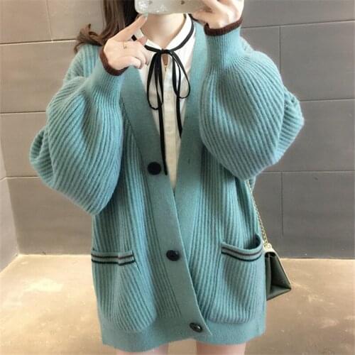 Autumn Winter Thick Knitted Sweater Women Cardigan Korean Loose Casual V Neck Lantern Sleeve Big Pocket Knit Jacket Coat Female