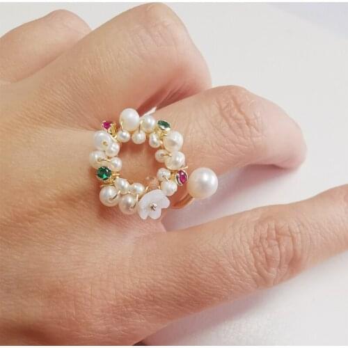 DAIMI 2-3mm Pearl Ring White Garland Pearl Rings For Women Adjustable