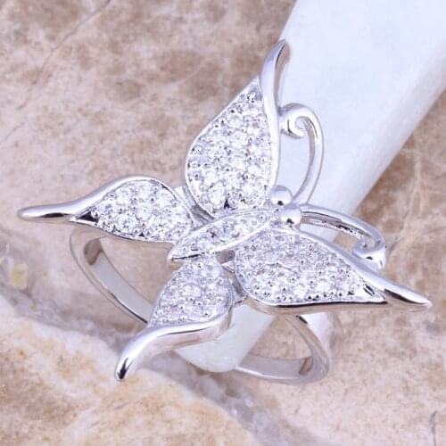Unique White CZ Silver Plated Womens Butterfly Jewelry Ring Size 6 / 7 / 8 / 9 R1260