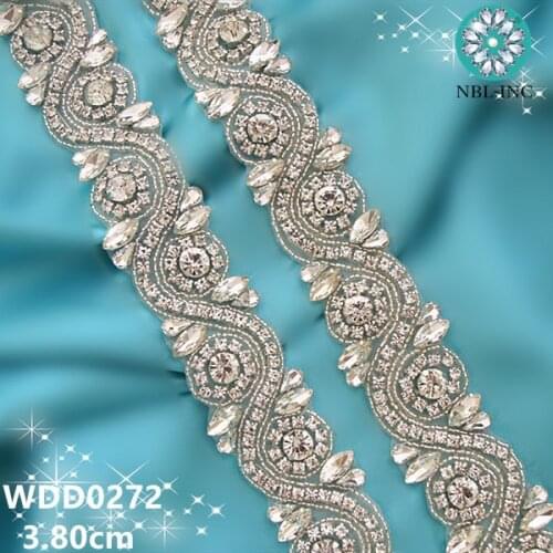 5 yards) Wholesale bridal beaded sewing silver crystal rhinestone applique trim iron on for wedding dress sash belt WDD0272
