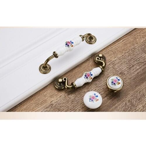 Antique Bronze Ceramic Cabinet Handles Zinc Alloy Drawer Knobs Wardrobe Door Handles Morning Glory European Furniture Handle