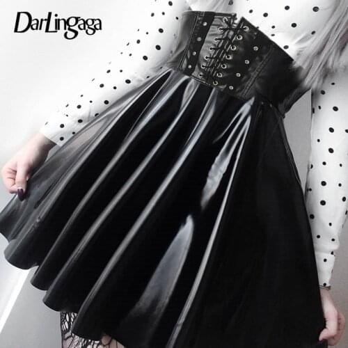 Darlingaga Gothic Dark Lace Up PU Leather Skirt Women Mini Streetwear Punk Style High Waist Skirts Goth Pleated Skirt Clubwear