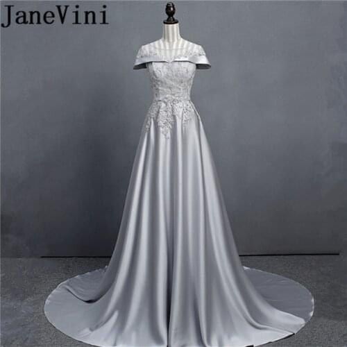 JaneVini Silver Gray Long Bridesmaid Dresses A Line Luxurious Lace Appliques Sequined Beaded Satin Sweep Train Prom Party Gowns