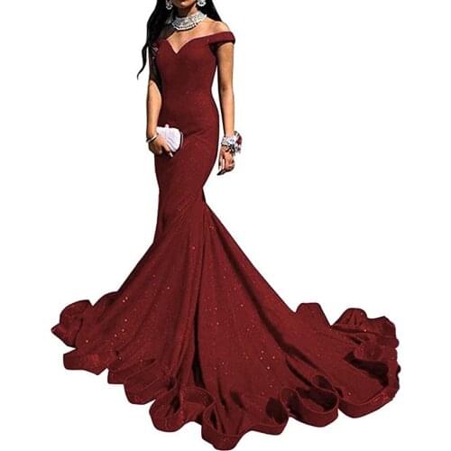Elegant Off Shoulder Giltter Long Mermaid Evening Dresses Sweep Train Corset Back Formal Prom Party Dresses for Women