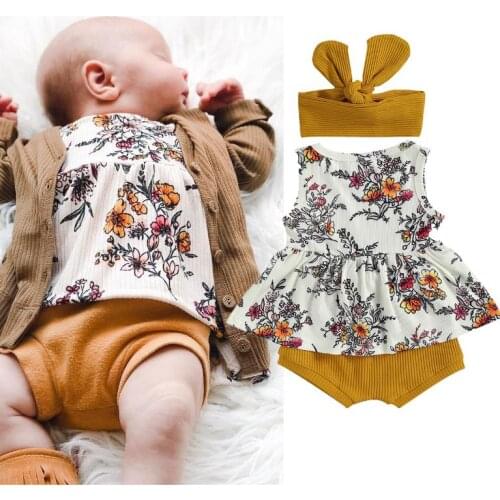 3pcs Set Baby Girl’s Clothes Fashion Flower Print Sleeveless Tops and Solid Color Short Pants with Headband Baby Girls Clothing