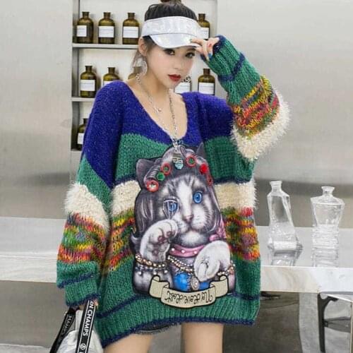 Korobov Korean Streetwear Cartoon Women Sweaters Japanese O Neck Long Sleeve Sueter Mujer Autumn Oversize Harajuku Pullovers