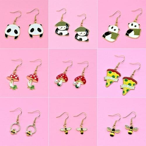 Cartoon Rainbow Heart Earrings Creative Fashion Cute Bee Pizza Cherry Panda Metal Pendant Earrings Childrens Accessories Gifts