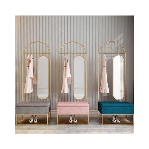 Nordic floor clothes rack with rotating full-length mirror, wearing mirror, shoe changing stool, storage, one bedroom clothes ra