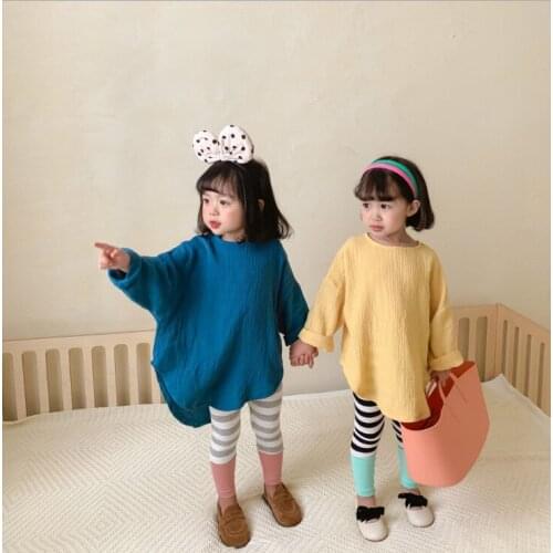 2021 new arrival girls boys autumn full sleeve casual cotton linen kids t-shirt