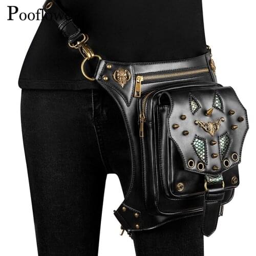 Pooflower Vintage Steampunk PU Leather Unisex Women Men Waist Bags Rivet Strap Belt Bags Phone Pouch Shoulder Bag Backpack ZH081