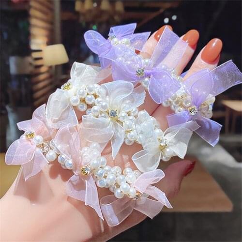 Elegant Chiffon Lace Sweet Bow Pearls Scrunchie Elastic Hair Bands Headband Hair Tie 2021 Fashion Hair Accessories Headwear