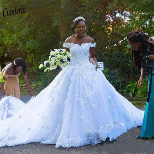 Luxury Off The Shoulder Nigerian African Ball Gown Wedding Dress Appliques Lace Beading Plus Size Bridal Wedding Dresses